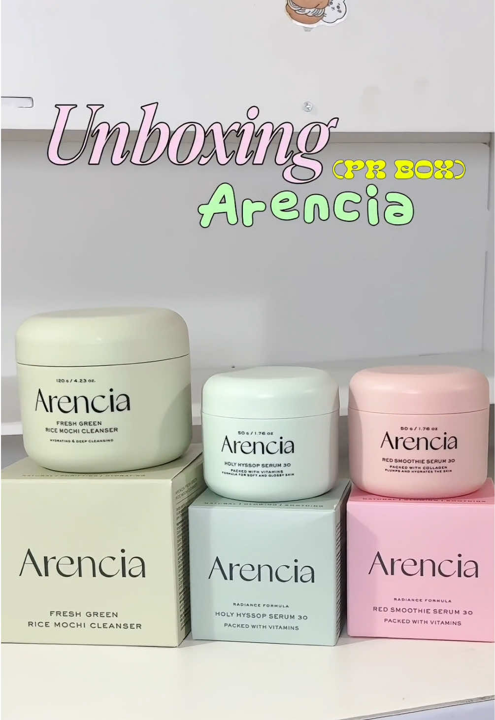 My current favorites @Arencia  🍵 Fresh Green Mochi Cleanser  🌊 Holy Hyssop Serum 30 🍓 Red Smoothie Serum 30  💌 vexecarose@gmail.com