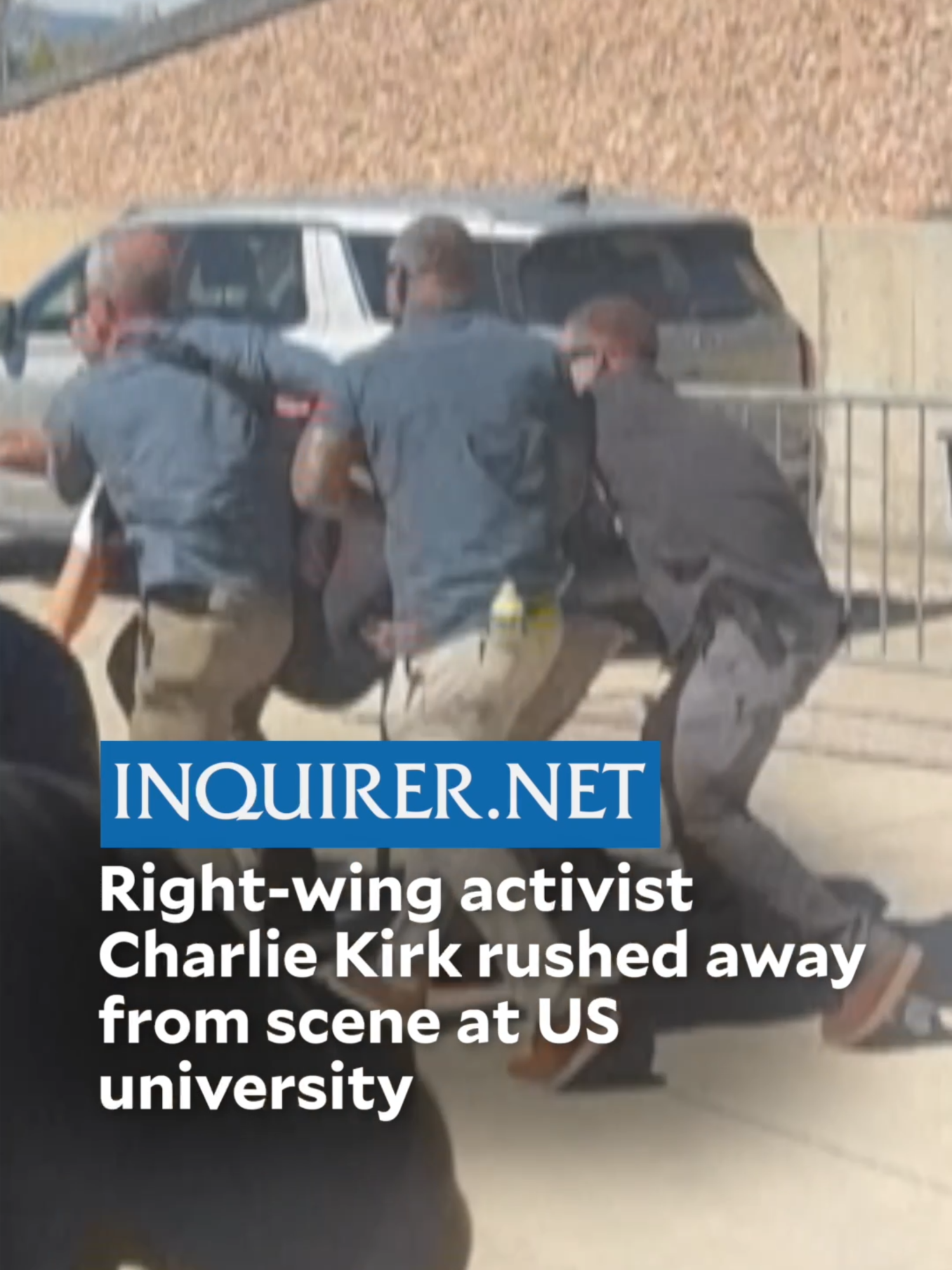 UGC images show right-wing youth activist and influencer Charlie Kirk being rushed away from the scene after a single shot rang out during an event at Utah Valley University in Orem. Kirk, 31, was shot and killed, US President Donald Trump confirmed on social media. #newsph #socialnews #tiktoknews #inquirerdotnet #unitedstates