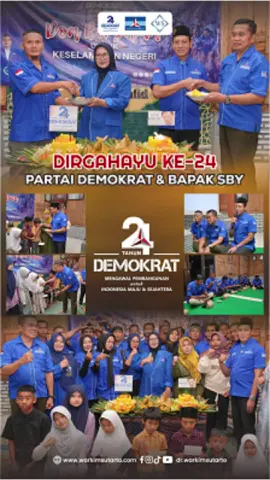 Keluarga Besar Dewan Pimpinan Anak Cabang Partai Demokrat Kecamatan Kebonagung, Kabupaten Pacitan. mengucapkan: Dirgahayu Partai Demokrat ke-24 (9 September 2001 – 9 September 2025). Semoga semakin jaya, konsisten memperjuangkan harapan rakyat, dan terus hadir dengan karya nyata untuk Indonesia tercinta. Sekaligus, kami juga menyampaikan: Selamat Ulang Tahun ke-76 kepada Bapak H. Susilo Bambang Yudhoyono (SBY), Ketua Majelis Tinggi Partai Demokrat.  Semoga Allah SWT senantiasa memberikan kesehatan, kebahagiaan, dan keberkahan dalam setiap langkah perjuangan Bapak untuk bangsa dan negara. MENGAWAL PEMBANGUNAN UNTUK INDONESIA MAJU & SEJAHTERA! @Partai Demokrat @DEMOKRAT PACITAN @DemokratJatim  #Demokrat24Tahun #SBY76 #HarapanRakyatPerjuanganDemokrat #PartaiDemokrat #DemokratPacitan