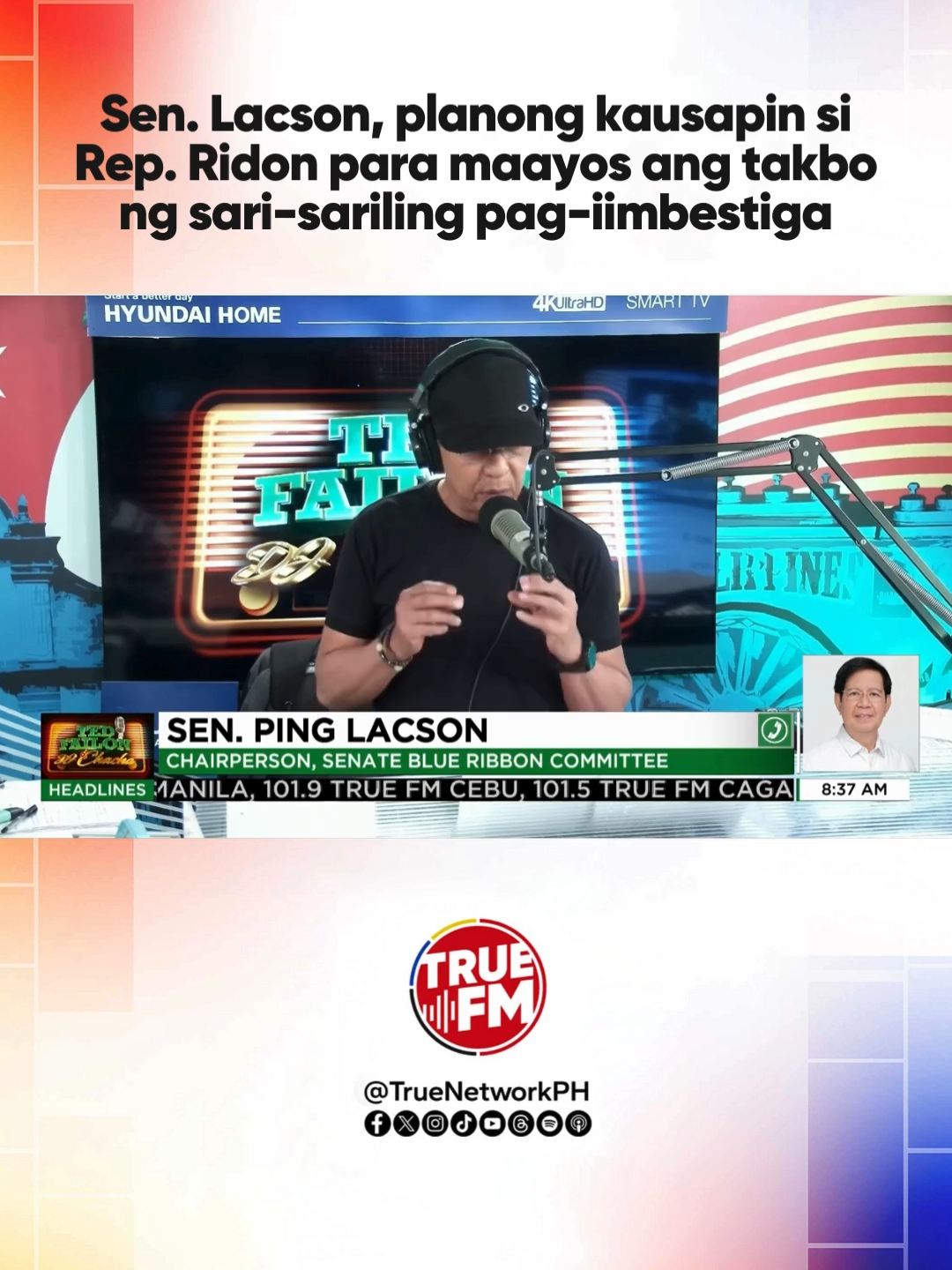 Sinabi ni Senate Blue Ribbon Committee chairman Sen. Ping Lacson na dapat makapag-usap sila ni House Infrastructure Committee Co-chairperson Rep. Terry Ridon para maging maayos ang takbo ng imbestigasyon sa maanomalyang flood control projects. Pakinggan ang full interview sa True FM Facebook page and News5 YouTube channel. #TedFailonAndDJChacha #DitoTayoSaTotoo #SaTrue #TrueFM #TrueTV #pinglacson #blueribboncommittee #bengramos #floodcontrolprojects
