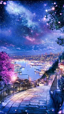 小道の先に広がる夜景#aiart #幻想的な世界 #癒し #夜景#星空