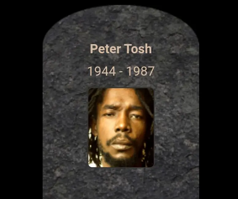 Peter Tosh (de son vrai nom, Winston Hubert McIntosh) est un chanteur, guitariste, organiste et auteur compositeur de ska, de rocksteady, de reggae et de soul, né le 9 octobre 1944 à Church Lincoln, Grange Hill, dans le Westmoreland en Jamaïque, et mort le 11 septembre 1987 à Kingston. Il est, avec Bob Marley, une des figures emblématiques du reggae et de la spiritualité Rasta.* Tosh connaît peu son père. Doué pour la musique il chante et joue du piano à la messe le dimanche. Elevé à la campagne par sa mère et sa tante qui lui enseigne le piano, à dix ans il apprend la guitare en observant un fermier qui en joue. En archétype de 