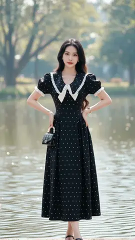 Váy maxi chấm bi cổ V tay phồng #vaymaxichambi #thoitrangnu #vaydep 