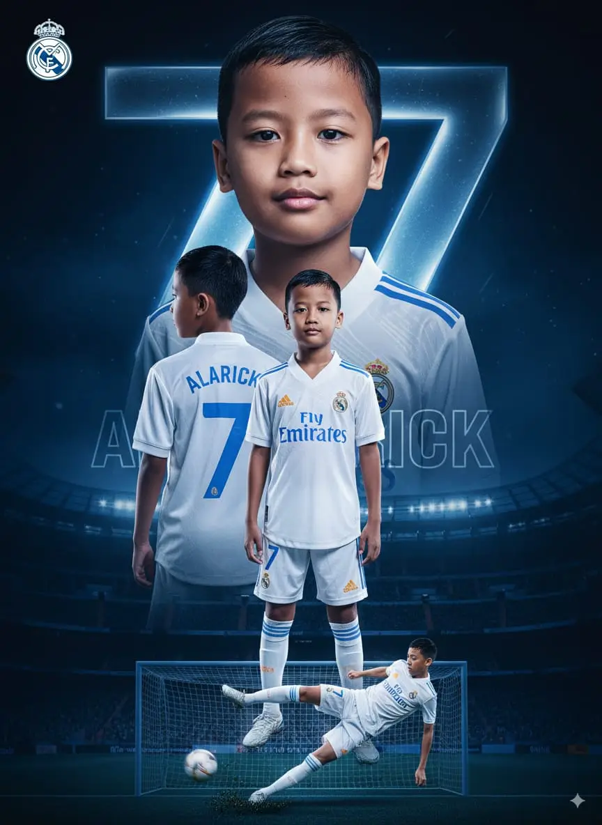 Gemini ai prompt  Buat poster sepak bola profesional bergaya sinematik menampilkan (referensi gambar) Pertahankan wajah, rambut, bentuk, dan sudut persis seperti dalam gambar. Tampilkan orang tersebut dalam tiga perspektif: potret super close-up dengan jersey REAL MADRID 2025, tampilan samping mengenakan jersey sepak bola REAL MADRID 2025 dengan nama belakang ALARICK, dan gambar full-body dengan perlengkapan sepak bola lengkap (jersey REAL MADRID 2025, celana pendek, kaus kaki, dan sepatu bola) dengan logo sponsor. Di bagian bawah, tambahkan adegan aksi dinamis pemain yang melakukan tendangan bicycle high jump dengan efek blur gerakan dan rumput beterbangan di sekitar. Jersey harus jelas menampilkan nomor 7 di depan, belakang, dan celana pendek. Gunakan latar belakang stadion SANTIAGO BERNABEU biru tua yang tebal dengan angka besar 7 dan nama 'ALARICK' bersinar di belakang karakter. Gaya keseluruhan harus ultra-realistis, resolusi tinggi, sinematik, dan berkesan poster olahraga profesional #viraltiktok #fyp#aigemini