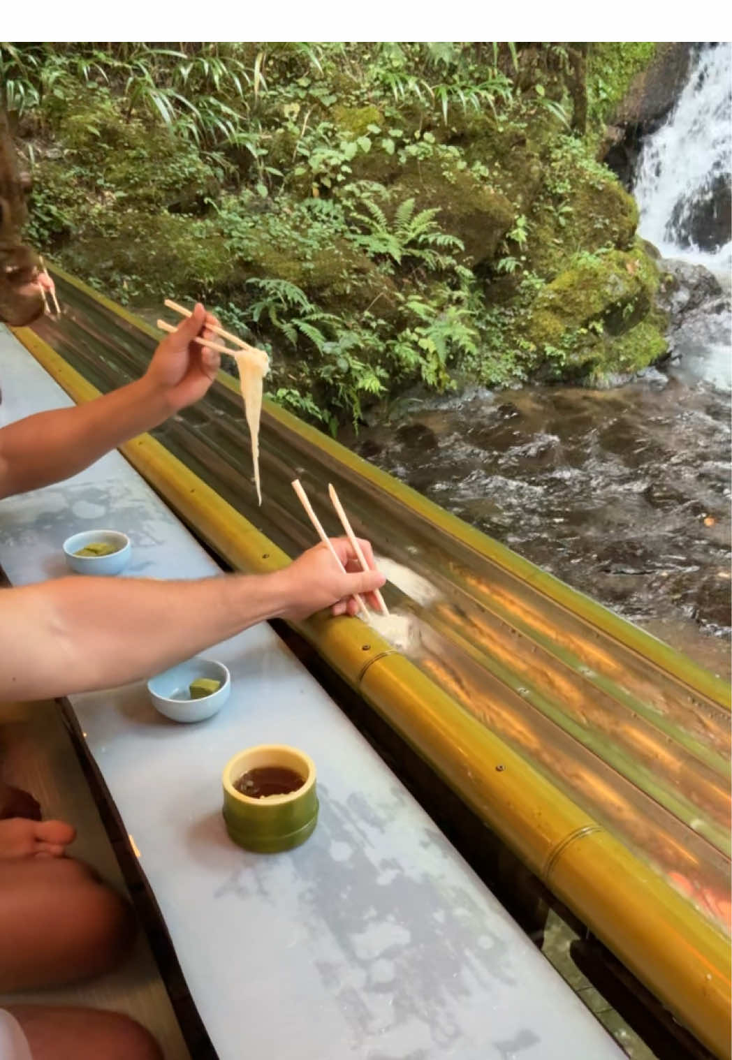 Would you fly to Japan to try these noodles flowing down bamboo chutes? This is a dish  called Nagashi Somen from Hirobun in Kyoto. Only available in the summer! #Foodie #japaneseculture #japanesefood #travel #food 