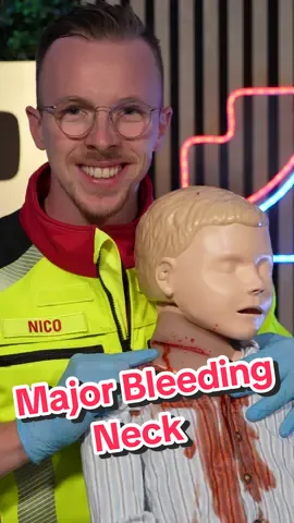 First Aid on a Major Bleeding Neck Wound 🩸🚑 Severe neck injuries can lead to life-threatening bleeding within minutes. Here’s how you can provide first aid safely until emergency help arrives: 1️⃣ Protect yourself – Always wear gloves if possible. 2️⃣ Apply direct pressure – Put firm pressure directly on the wound. 3️⃣ Build a neck bandage – Lift the patient’s opposite arm and wrap a bandage from the neck under the armpit. 4️⃣ Add a pressure pad – Place an additional dressing on top to increase pressure. 👉 Keep pressing on the wound throughout the process. 👉 Never wrap a bandage fully around the neck – that would be fatal. 👉 After securing the bandage, lower the arm to add extra pressure. 🏥 Always call emergency services immediately and get the patient to a hospital as fast as possible. 🤕 Mannequin by Laerdal //Anzeige #ambulance #paramedic #emergency #firstaid #hospital 