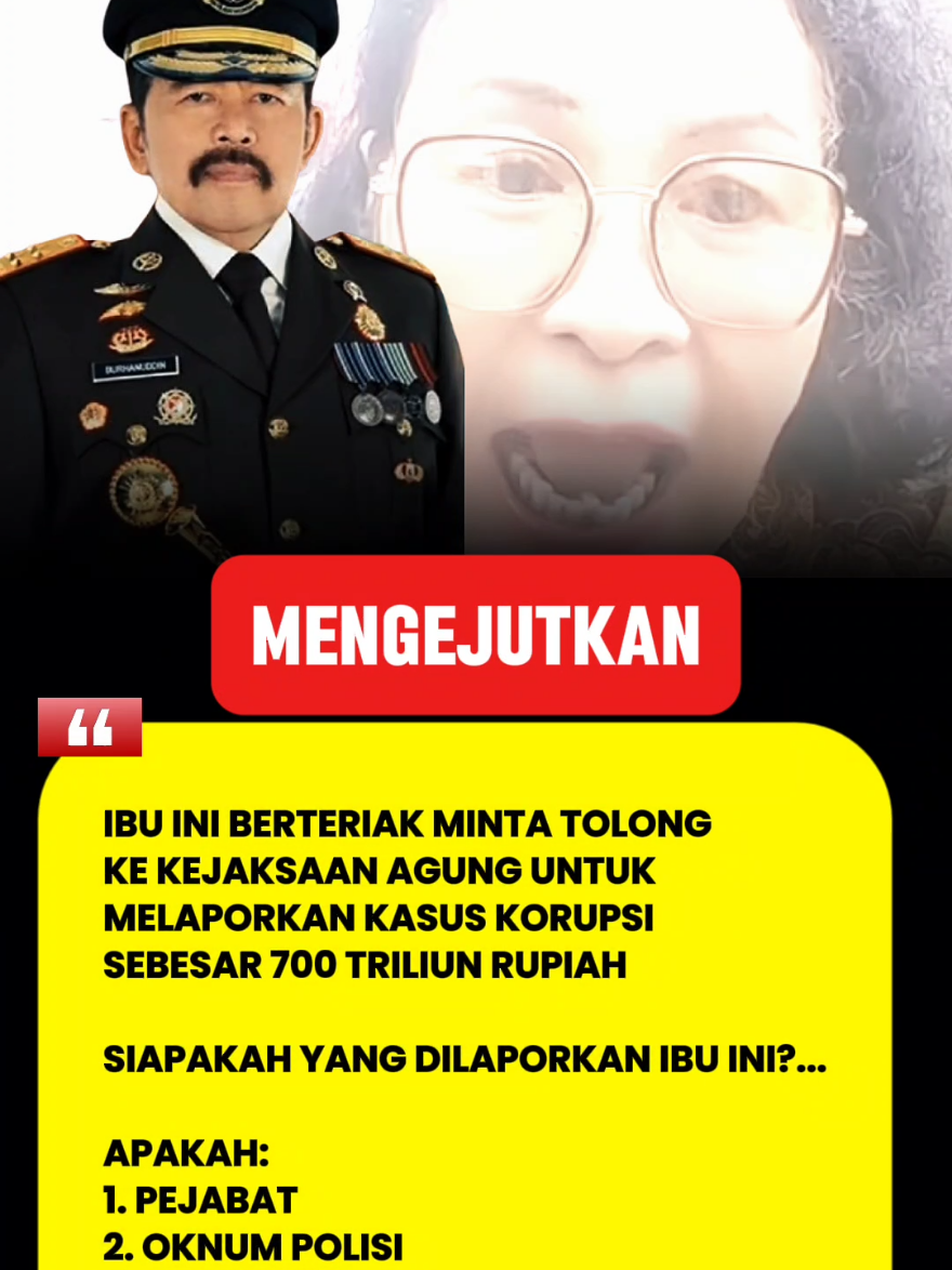 Ibu ini minta tolong ke kejaksaan agung, ingin melaporkan kasus korupsi sebesar 700 triliun, tapi siapakah yang akan dilaporkan ibu ini, sehingga beliau rela mati, seperti yang beliau katakan dividio ini, semoga ibu ini mendapatkan keadilan atas keberanian beliau yang datang dari sumatra utara untuk mencari keadilan... mari kawal ibu ini #kejaksaanagung #korupsi #viral #keadilanharusditegakkan #berantaskorupsi 