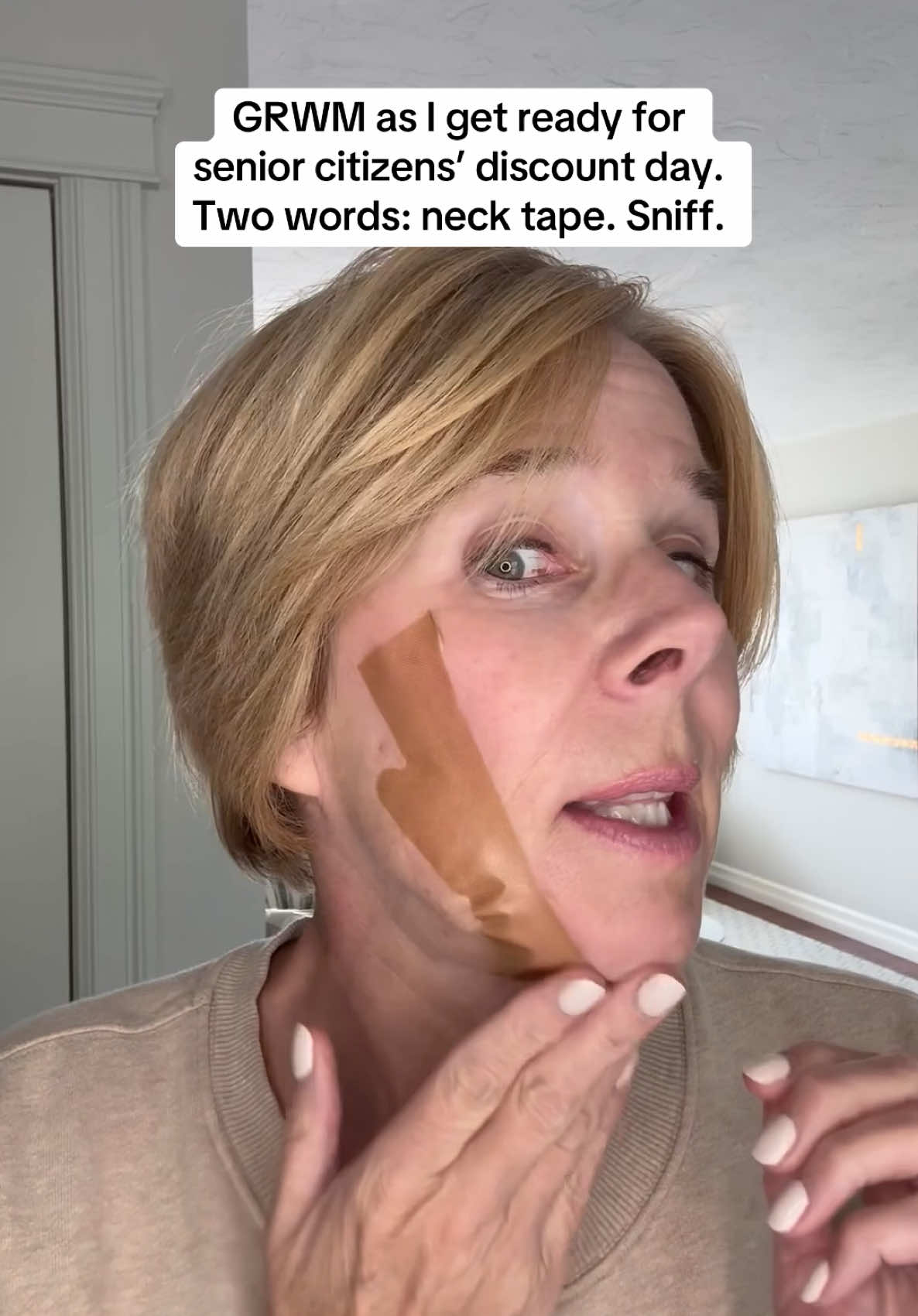 Neck tape took 20 years off me and I hope Briannnnah sees it! Sniff. @shoppersbeauty #funnyvid #BeautyTok #comedyreel #comediansoftiktok #relatablecomedy #aginggracefully #necklift 