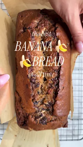 Super Moist & Perfect Banana Bread ✨🍌 RECIPE IN CAPTION🍌✨🍌  Dry Ingredients (mix and set aside) * 1¾ cups + 1 tbsp (215 g) all-purpose flour * 1 tsp (4 g) baking soda * 1 tsp (5 g) fine salt * ½ tsp (1 g) ground cinnamon  Wet Ingredients * ½ cup (100 g) white sugar * ½ cup (100 g) brown sugar (light or dark) * 2 large eggs * 4 tbsp (60 g) buttermilk or greek yogurt * 1 tsp (5 ml) vanilla bean paste or extract * 4 very ripe bananas, mashed (475 g peeled) * ½ cup (120 ml) extra virgin olive oil Optional: add in 1 cup chocolate chips or 1 cup of chopped walnuts (or both). You could also go crazy and try adding coconut or peanuts or pecans or chopped up peanut butter cups…. The world is your 🦪 oyster 🦪 ✨ *  🍌✨INSTRUCTIONS:✨🍌 1. Preheat oven to 350°F (175°C). Grease or line a 9×5 inch loaf pan. 2. Mix Dry: In a bowl, whisk together flour, baking soda, salt, and cinnamon. 3. Mix Wet: In a large bowl, whisk sugars and eggs until smooth. Stir in buttermilk (or yogurt), vanilla, mashed bananas, and olive oil. 4. Combine: Gently fold dry mixture into wet mixture until just combined (don’t overmix). 5. Bake: Pour batter into pan. Bake ~55–65 minutes, until a toothpick comes out clean. 6. Cool: Let rest in pan 10 minutes, then transfer to a wire rack. #BananaBread #MoistBananaBread #BananaBreadRecipe #HomemadeBananaBread #QuickBread               