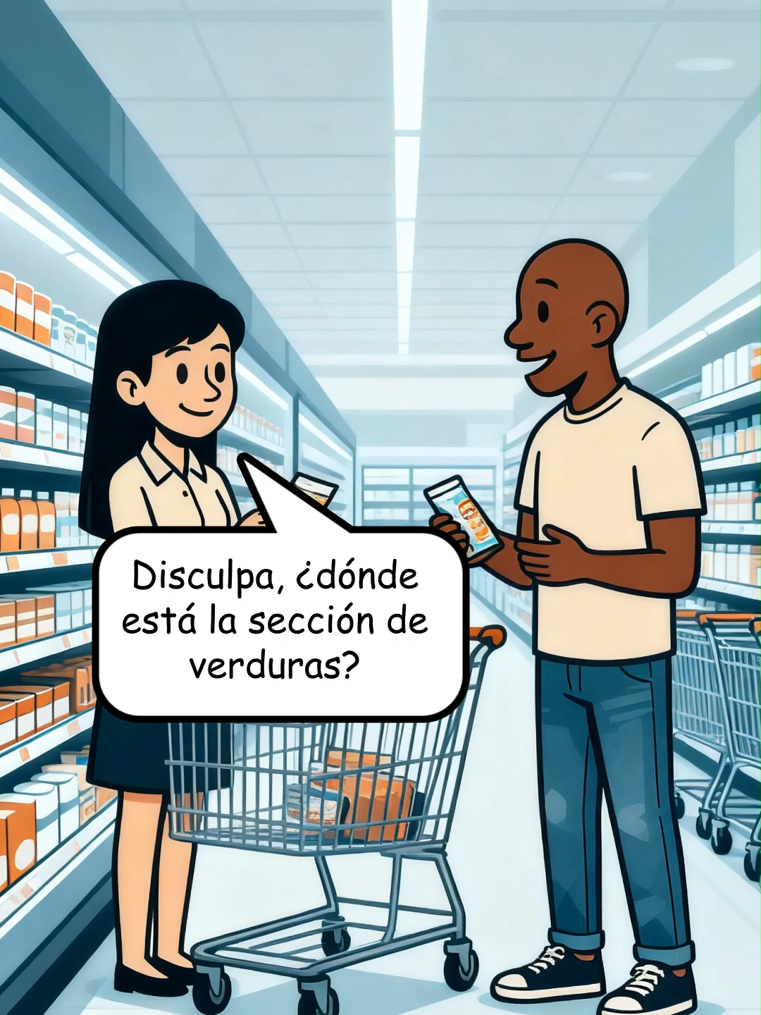 🛒 Supermarket Spanish / Español en el súper Get what you need & practice at the same time / Compra y practica a la vez. Vocab: Verduras = Vegetables Pescado = Fish Refrigerados = Chilled section Pasillo = Aisle Arroz integral = Brown rice Bebidas = Drinks Key phrases / Frases clave: “¿Dónde está la sección de verduras?” = “Where is the produce section?” “¿Y el pescado?” = “And the fish?” “¿Venden arroz integral?” = “Do you sell brown rice?” “Está en el pasillo 5, junto a la pasta y las legumbres.” = “It’s in aisle 5, next to pasta and legumes.” “¿Podrías acompañarme…?” = “Could you walk me there…?” 🎯 Watch & repeat / Mira y repite para ganar fluidez en situaciones reales. 👉 Follow me / Sígueme para aprender español cada día. #AprenderEspañol #SpanishForBeginners #spanishvocabulary #learnspanish #easyspanishlearning #easyspanish #learnlenguages #supermarketspanish