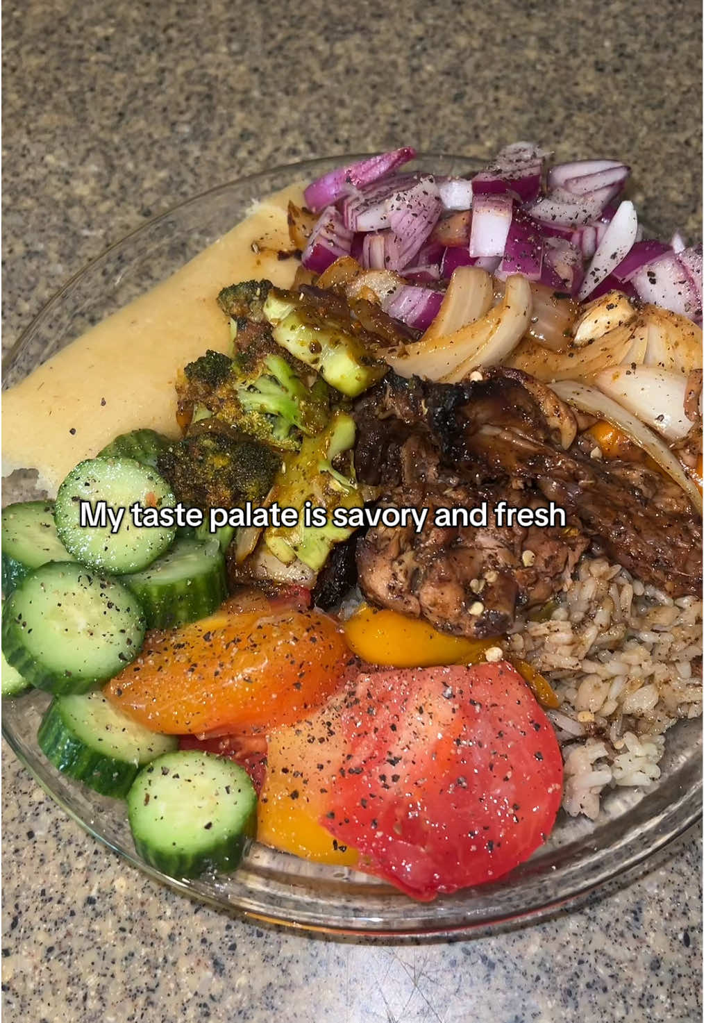 Herb toasted rice, spicy teriyaki bbq oven roasted chicken, fresh heirloom tomatoes/cucumbers/red onion with lime juice and black pepper, corn tamale (from the Mexican store)  Detailed posts on how I made the rice and chicken coming soon 🫶🏾 #savory #girldinner #freshvegetables #roastedchicken 