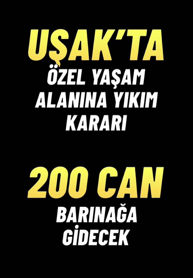 REPOST : @usakhaykoyadernegi  📢 TÜRKİYE’YE SESLENİYORUZ! 📌 Uşak’ta, Hayvanları Koruma Yaşatma Derneği’nin yaşam alanına yıkım kararı verildi. 📌 Orada 200’e yakın köpek var.  📌 Kimi çöplükten, kimi barınaktan, kimi sokaktan ölümden kurtarıldı. 📌 Şimdi hepsi, bir imzanın ucunda yeniden ölüme gönderiliyor. 📌 Bu ülkenin sokaklarında zaten açlıktan, hastalıktan, trafik kazalarından can veriyorlar. 📌 Şimdi de yuvaları ellerinden alınıyor. 📌 Bu karar sadece bir yıkım değil, 200 canın idam fermanıdır. 👉 Buradan siyasilere sesleniyoruz: 📌 Bu ülkenin vicdanı sizin oy pusulalarınızdan büyüktür. 📌 Hayvanların yaşam hakkını yok sayan bu kararı durdurun! 👉 Buradan ünlülere, sanatçılara sesleniyoruz: 📌 Sahneye çıkıp milyonlara şarkı söylerken, film çekerken, ekranlarda boy gösterirken 200 can gözümüzün önünde ölüme sürükleniyor. 📌 Bugün sesinizi çıkarmazsanız, yarın vicdanınız sizi susturacak. 👉 Buradan Türkiye halkına sesleniyoruz: 📌 Siz olmasanız biz bu mücadeleyi veremeyiz. 📌 Siz paylaşmazsanız, siz tepki vermezseniz, bu zulüm sessizce gerçekleşecek. 📢 Gelin hep birlikte ses olalım! 📌 Gelin bu yıkımı durduralım. 📌 Çünkü yaşam hakkı pazarlık konusu olamaz **********  📢 WE CALL OUT TO Türkiye! 📌 A decision was made to demolish the living space of the Animal Protection and Survival Association in Uşak. 📌 There are nearly 200 dogs there. 📌 Some were saved from the dump, some from the shelter, some from the street. 📌 Now they are all being sent to their deaths again at the tip of a signature. 📌 They are already dying of hunger, disease, and traffic accidents on the streets of this country. 📌 Now their homes are being taken away from them. 📌 This decision is not just a destruction, it is a death sentence for 200 lives. 👉 We are calling out to politicians from here: 📌 The conscience of this country is bigger than your ballot papers. 📌 Stop this decision that ignores the right to life of animals! 👉 We are calling out to celebrities and artists from here: 📌 While we are on stage singing to millions, filming films, appearing on screens, 200 lives are being dragged to their deaths before our eyes. 📌 Today, use your voice If you don't, your conscience will silence you tomorrow. 👉 We are calling out to the people of Turkey from here: 📌 We cannot fight this struggle without you. 📌 If you don't share, if you don't react, this oppression will happen silently. 📢 Let's all be a voice together! 📌 Let's stop this destruction. 📌 Because the right to life is non-negotiable