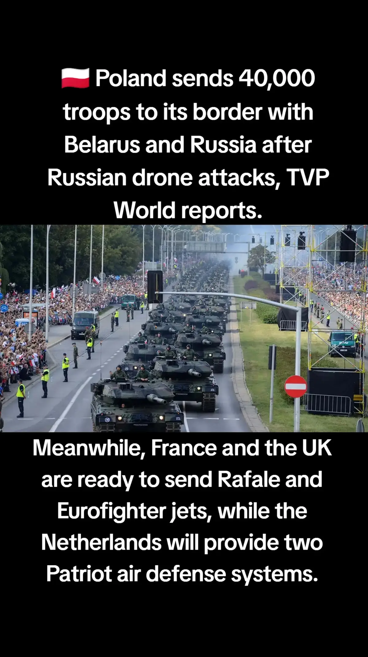 Poland sends 40,000 troops to its border with Belarus and Russia after Russian drone attacks, TVP World reports. Meanwhile, France and the UK are ready to send Rafale and Eurofighter jets, while the Netherlands will provide two Patriot air defense systems. These measures come as Russia and Belarus launch large-scale “Zapad-2025” drills, which include practicing the use of nuclear weapons and the “Oreshnik” missile system. #poland #polska #news #russia #nato 