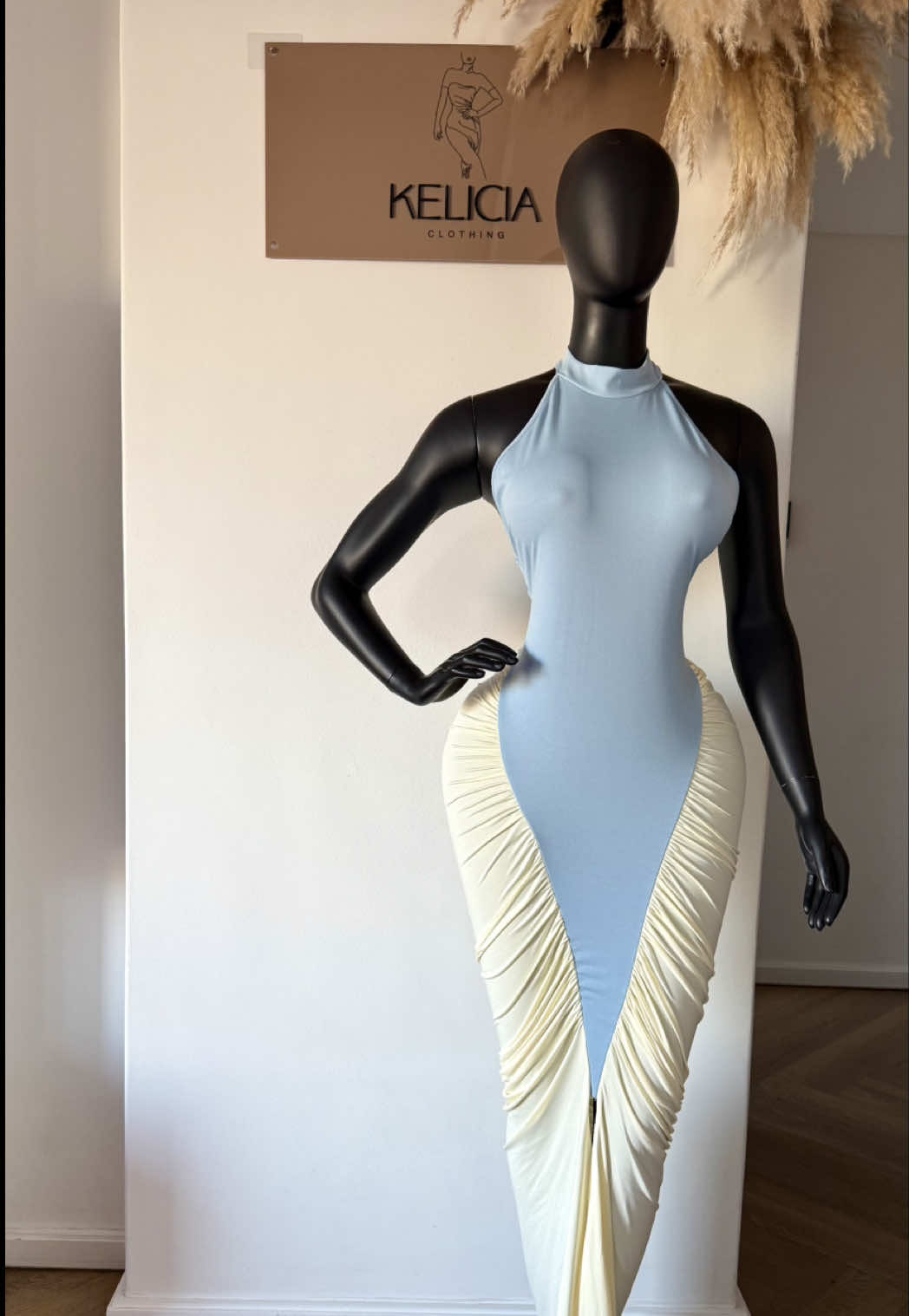 Ruched Maxi Dress in Blue & Cream. Price: R600. Mannequin is wearing size large.