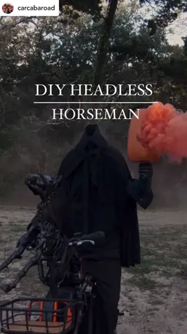 @carcabaroad DIY Headless horseman costume is so easy, affordable and AWESOME🎃🔥  You will need a piece of poly foam, found mine at hobby lobby for $8.  A men’s button up collar shirt A long sleeve black under shirt  Black pants Dollar tree black lace table runner as a scarf to see 👀  Black cape  Gloves Boots A carvable pumpkin 🎃 We used the smoke stick for special effects 🧨 but use with caution ⚠️ it is hot🔥  If you want a cheap horse prop we used a skeleton unicorn and removed its horn, spray painted it black. 🐴  There was a bit of trial and error figuring this costume but I love how it turned out ! Happy to answer any questions here!