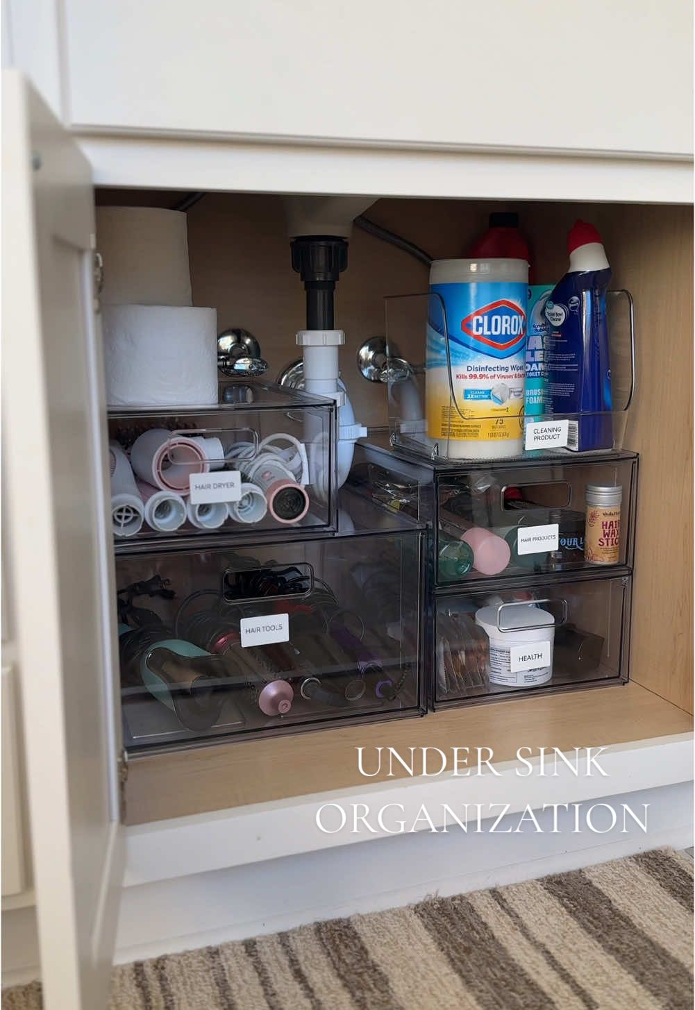 Shout out to these clear acrylic drawers for being the PERFECT sizes to fit around these under sink pipes 👏🏻  Everything 🔗 in my B I 0 under “WALMART FAVORITES”  #sinkorganization #bathroomorganization #walmarthome #organizationinspo #niimbot #niimbotb1 