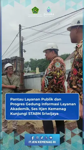 Menegaskan komitmen Kementerian Agama untuk memajukan pendidikan, Ses Itjen Kemenag, Kastolan, melakukan kunjungan ke STABN Sriwijaya pada 11 September 2025. Kunjungan ini bertujuan untuk memantau progres pembangunan Gedung Informasi Layanan Akademik dan memastikan pelayanan publik yang efektif serta efisien. Sebagai bagian dari tugas dan fungsi pengawasan internal, Itjen Kemenag berperan penting untuk memastikan seluruh kegiatan di lingkungan Kemenag sesuai dengan peraturan dan kebijakan yang telah ditetapkan, termasuk penggunaan anggaran dan pelaksanaan pembangunan. Dalam kunjungan ini, Kastolan juga menegaskan pentingnya komitmen bersama untuk menjaga kualitas pendidikan di STABN Sriwijaya. Harapan besar agar proyek gedung ini dapat selesai tepat waktu, atau bahkan lebih cepat, untuk mendukung peningkatan kualitas pendidikan. #itjenkemenag #pengawasanberdampak