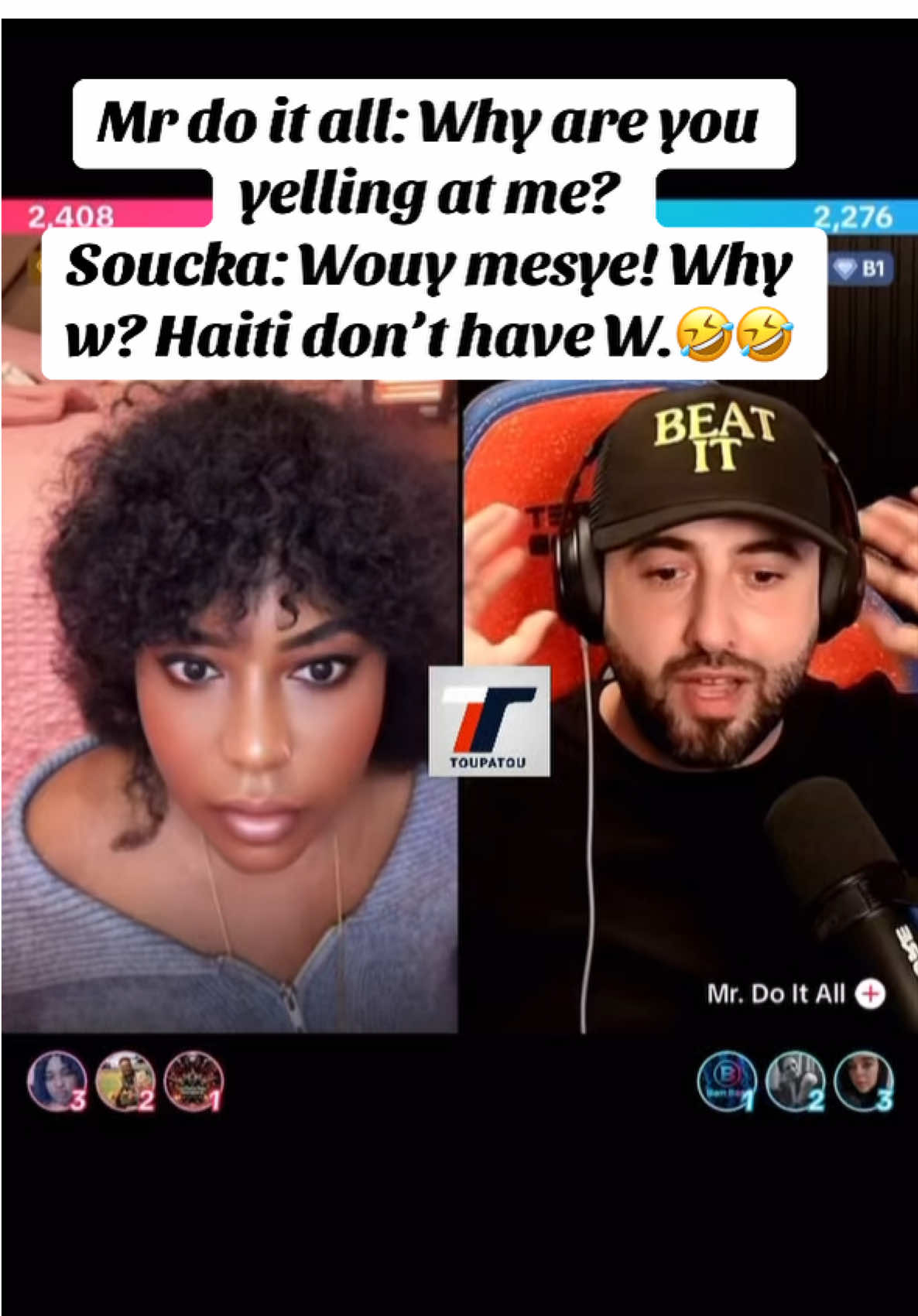 Mrdoitall: Why are yelling at me? Soucka: I am speak French . Wouy mesye Haiti don’t have W. You give headache too. #soucka #mrdoitall #ayisyentiktok🇭🇹 #haitiantiktok #haitiantiktok 
