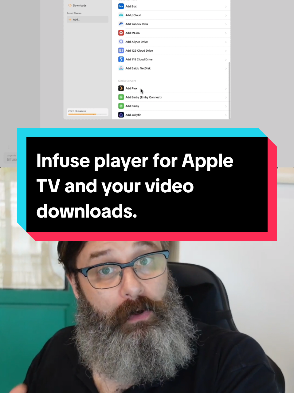 #infuse is a very clean media player designed for the Apple ecosystem. You can stream directly from #plex or #jellyfin servers, a local folder, a network share folder, or even cloud hosted files, like google drive or Dropbox. It is paid for most features but looks great. 