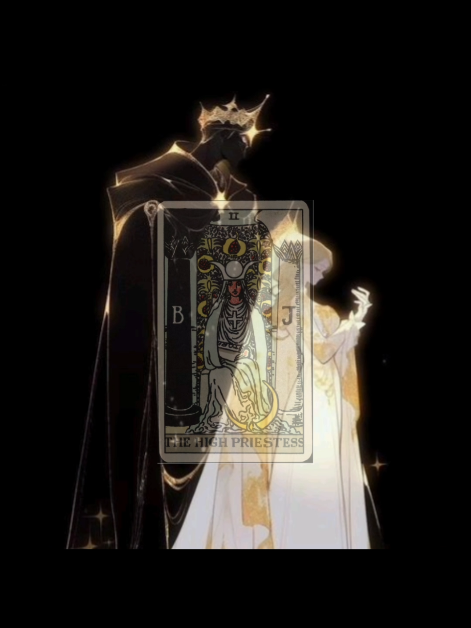 High Priestess Tarot Card  كارت الكاهنة العليا الأعمدة وراها واحد أبيض والثاني أسود ترمز للاختلاف سواء بالديانة، المقام او طريقة التفكير او الاهل وغيرها اذا سئلنه هالشخص يحبني او لا؟ وطلع كارت الكاهنه العلي ووياها كروت الحب مثل 2 of Cups أو The Lovers معناها الجواب نعم أكو حب قوي رغم كل الاختلاف اللي بينكم🫶🏻
