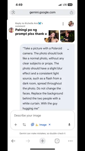 Replying to @Richelle Ann🦋  Here's the prompt po for your reference “Take a picture with a Polaroid camera. The photo should look like a normal photo, without any clear subjects or props. The photo should have a slight blur effect and a consistent light source, such as a flash from a dark room, spread throughout the photo. Do not change the faces. Replace the background behind the two people with a white curtain. With the guy hugging me”  #donnypangilinan #aiprompt #fyp 
