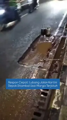 Pasca adanya laporan warga terkait pengendara yang terjatuh akibat lubang bekas galian di Jalan Kartini, Depok, pada Kamis malam (11/9), pihak terkait langsung melakukan tindak lanjut. Pada Jumat (12/9), lubang tersebut diperbaiki dengan cara ditambal guna mengantisipasi terulangnya kecelakaan serupa. Sebelumnya, lubang bekas galian itu menjadi sorotan karena membahayakan pengguna jalan, terutama pengendara sepeda motor. Beberapa pengendara bahkan dilaporkan mengalami kecelakaan saat melintas di jalur tersebut. #infodepok 