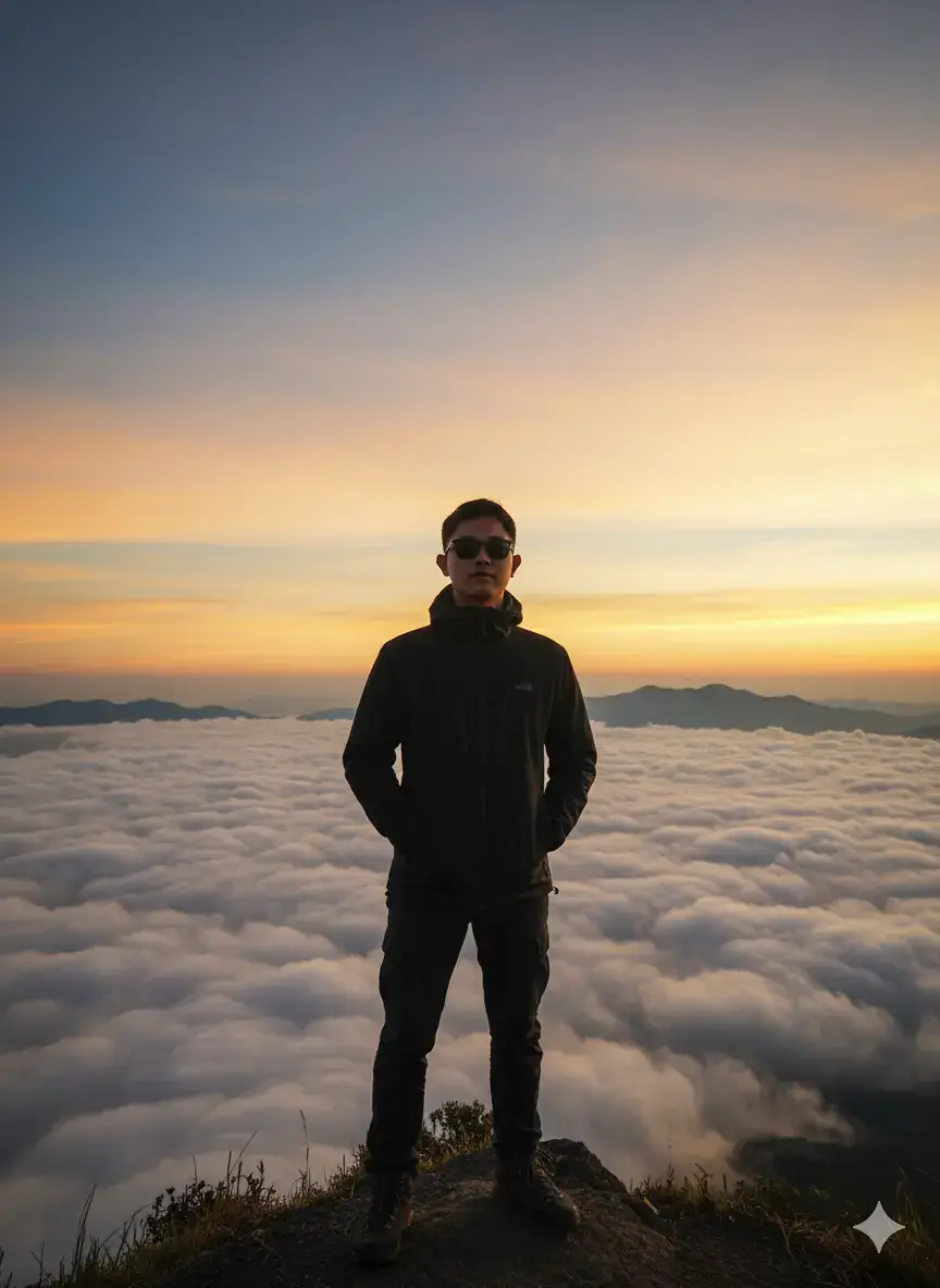 1.Gemini ai 2. upload foto  masukkan prompt  Edit foto ini menjadi berdiri di puncak gunung tinggi dengan pemandangan awan tebal yang terlihat seperti lautan putih di bawahnya. Langit berwarna keemasan saat matahari terbit, memancarkan cahaya hangat yang elegan. Gunung-gunung lain tampak menjulang di kejauhan, menciptakan suasana megah dan damai. Angle pengambilan gambar dari sedikit bawah (low angle) sehingga menonjolkan postur gagah dan keindahan panorama. Gaya fotografi realistis dengan detail tajam, warna natural, nuansa elegan dan dramatis, seperti foto travel premium.