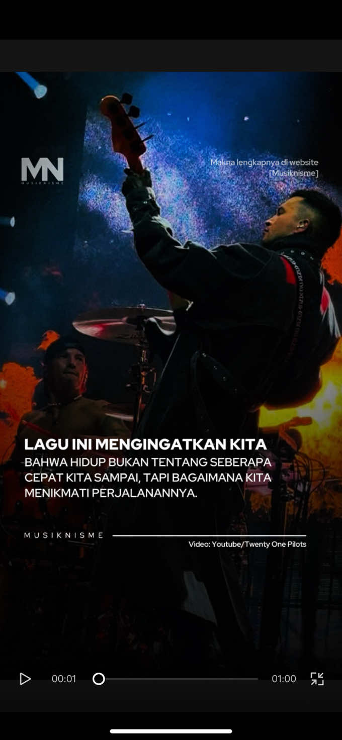 Makna terdalam dari lagu Ride ada pada judulnya sendiri: perjalanan. Lagu ini mengingatkan kita bahwa hidup bukan hanya tentang garis finish, melainkan tentang momen-momen yang kita kumpulkan selama proses menuju ke sana. Pesan terbesar dari lagu ini adalah ajakan untuk melambat. Dalam dunia yang serba cepat, kita sering lupa bahwa hidup tidak harus selalu berlari. Ada ruang untuk berhenti, menarik napas, menikmati apa yang ada, dan memberi waktu bagi diri sendiri. Di era media sosial sekarang ini, kita sering merasa hidup ini seperti perlombaan: siapa yang lebih sukses, lebih bahagia, lebih cepat sampai ke “garis akhir”. Lagu “Ride” hadir sebagai pengingat lembut bahwa kita boleh memperlambat langkah. Hidup tidak hanya tentang hasil akhir, tetapi tentang cerita yang kita kumpulkan sepanjang jalan. Tentang obrolan kecil, kesalahan yang akhirnya jadi pelajaran, atau momen sederhana yang ternyata lebih bermakna daripada pencapaian besar. Lagu ini memberi ruang untuk menerima bahwa tidak apa-apa kalau kita belum sampai. Yang penting adalah keberanian untuk terus bergerak, bahkan ketika kita belum tahu ke mana pasti arahnya. Gimana menurut kalian? Atau kalian relate sama lagu ini? #musiknisme #ride #twentyonepilots 