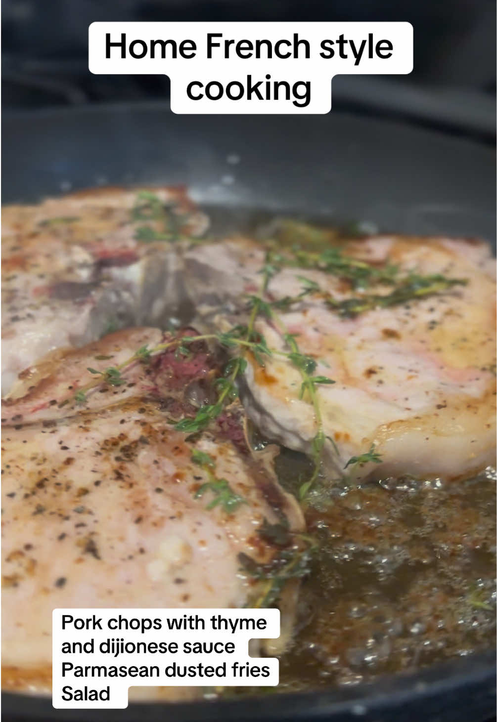 Home cooking done right. Not bad for a Thursday. Frenchy style Pork chops with Thym, garlic, butter salt and pepper Parmasean dusted fries with Mediterranean salad. 🤤😋