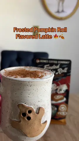 Frosted Pumpkin Roll Flavored Latte 🍁🍂  Step 1: Froth your milk. I used oat and you wanna do it until it’s foamy Step 2: add in your coffee I used two scoops of the coffee in my French press and filled the mug until the top Step 3: Add cinnamon on top!  You can thank me later but I promise it’ll be better than any store made one 😊💕 enjoy! #pumpkinlatte #pumpkincoffee #bonescoffee #falldrinks #coffee 