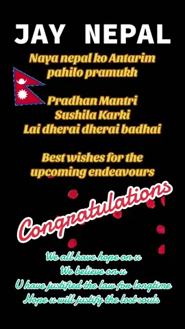 Congratulations to the first ever new elected lady prime minister of Nepal 🇳🇵- Sushila Karki  #congratulations #new #pm #nepal #foryou