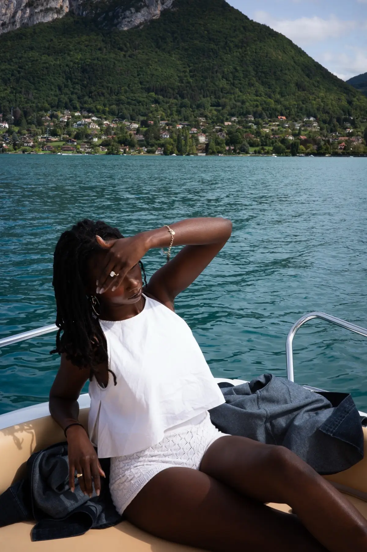 on a boat in the French alps!!!!!! in love love love love love love love love in love love ✨🫶🏿🥂🥳🎉💗
