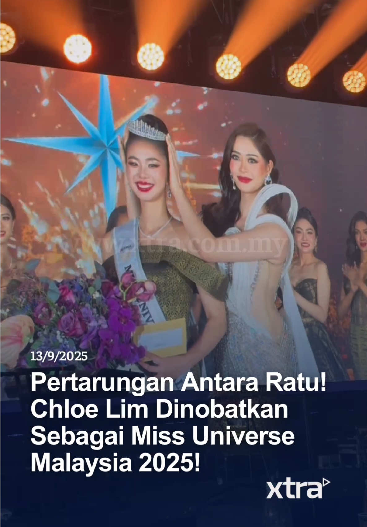 Menewaskan 15 peserta lain, Chloe Lim berjaya meraih gelaran Miss Universe Malaysia 2025. Di penganjuran edisi yang ke-34 ini, wanita jelita berusia 27 tahun itu turut meraih 3 gelaran lain iaitu Miss Spritzer, Miss Love Life dan Miss Fitness. Chloe bakal mewakili Malaysia di pertandingan Miss Universe di Thailand pada November ini. Tahniah Chloe! ❤️👸🏻 #xtramy #xtratonton 