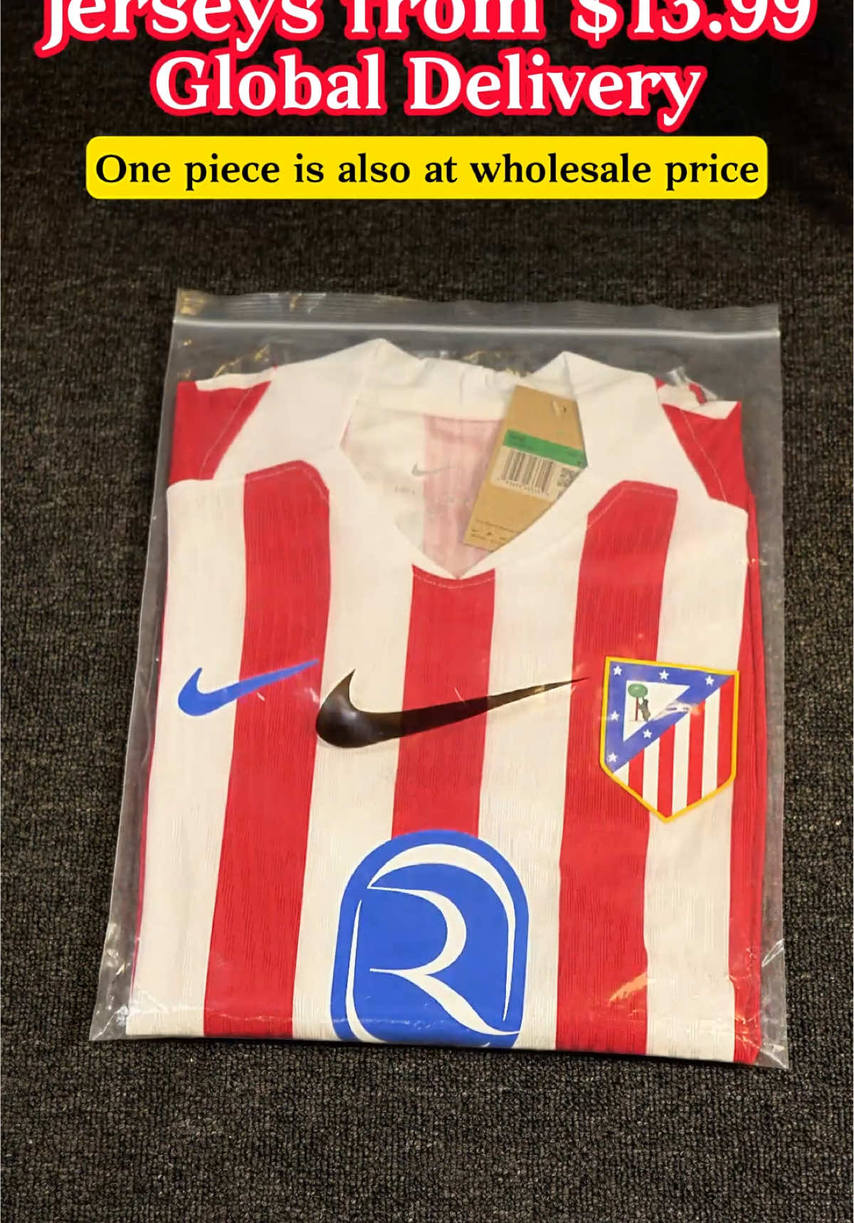 📦 Unboxing the brand new Atlético Madrid Red & White Striped Jersey 🔴⚪ Amazing details and top quality, perfect for every fan! 🔥 👉 Get it now at kitsoc.com, global delivery starting from $13.99 🌍✨ #Unboxing #AtleticoMadrid #FootballJersey #RetroStyle #kitsoc 