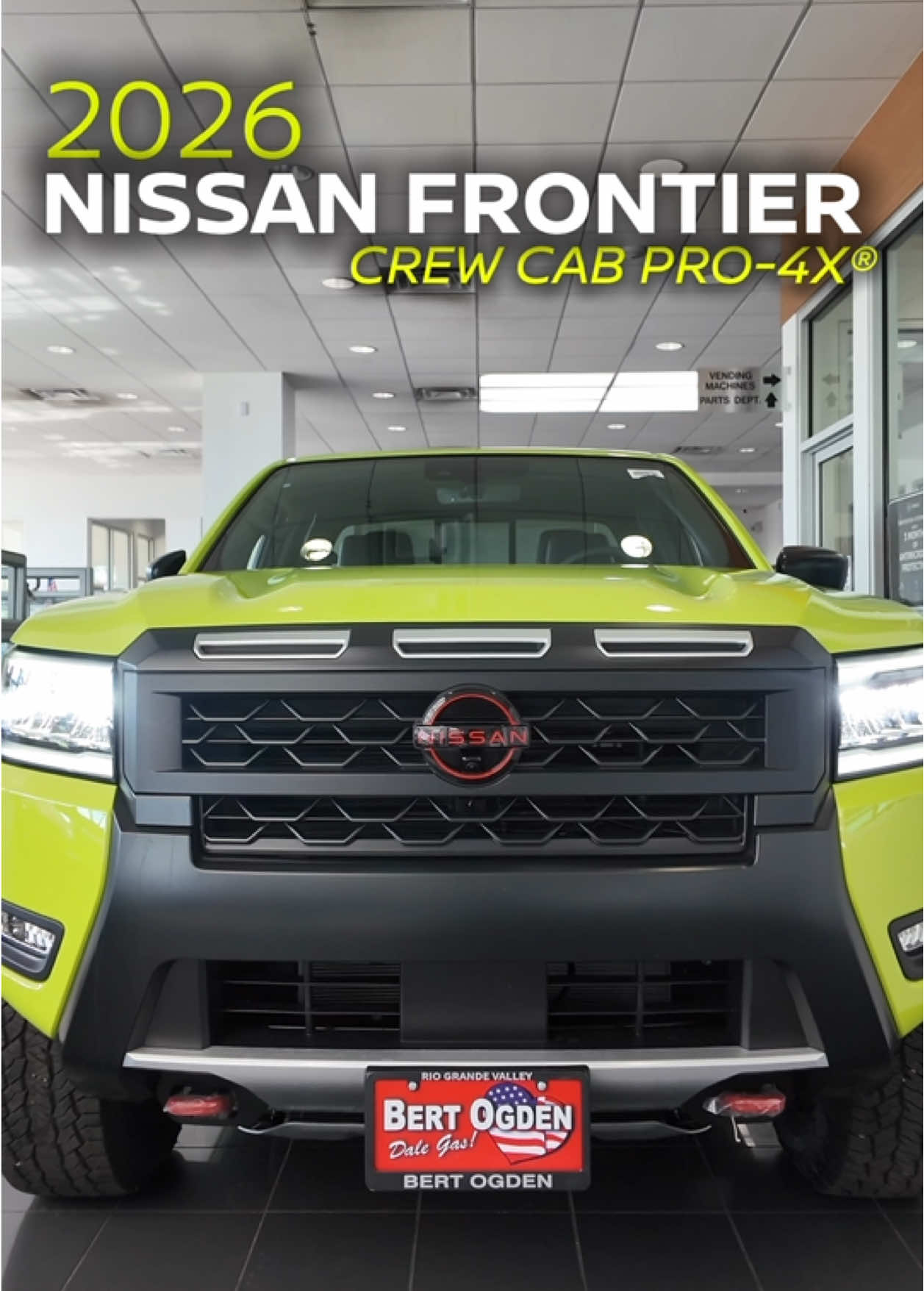 🚘🔥 Meet the 2026 Nissan Frontier Crew Cab PRO-4X® in bold Citrus Strike! 🔥 🚘 Conquer every trail with 4x4 power, a sleek Charcoal interior, and a smooth 9-speed auto. Ready for adventure? 🌟💪  Call us to schedule an appointment today! 📲 (956)467-5440  #BertOgdenNissan #TruckLife #AdventureAwaits #DaleGas #VackarStadium #Nissan #Frontier #Green #rgv #McAllen #RioGrandeValley #956 #fyp #viral #truck #4x4 