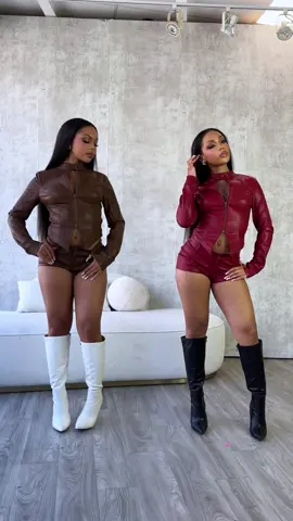 Left or Right?!👀 shop the “Dominance Duo PU Jacket & Shorts SET” at #edgebyks #fyp #leatherset #ootn #leatheroutfit 