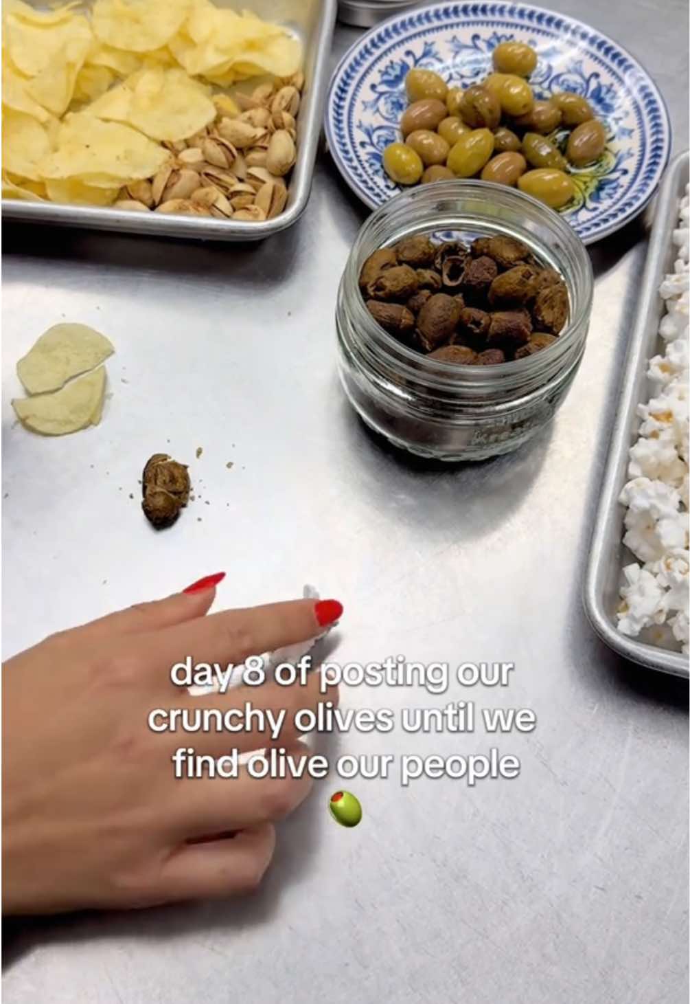 a little table test- potato chips, our crunchy whole olives, & popcorn.   🍿  #olives #crunchtest #crunchyolives #FoodTok