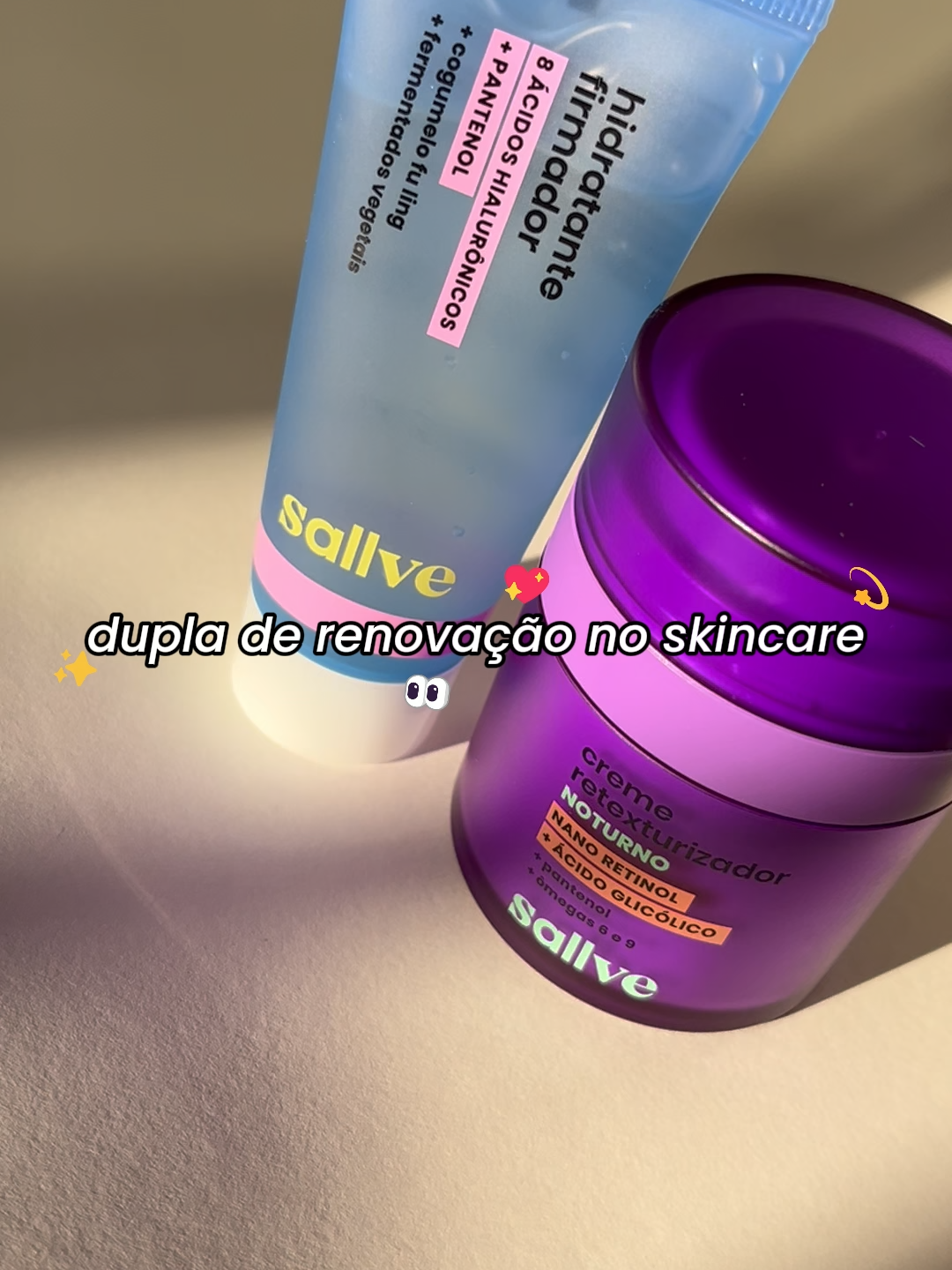dica de rotina noturna super potente para uma renovação poderosa - e com R$59 de desconto na Semana da Comunidade! 🤩com Retinol, Ácido Glicólico e 8 tipos de Ácido Hialurônico, essa dupla estimula a produção de colágeno, aumenta a firmeza da pele, hidrata profundamente e reduz rugas, linhas finas, bigode chinês e marcas de acne. tudo isso sem sensibilizar até as peles mais sensíveis, viu? #sallve #sallveskincare #skincare #cuidadoscomapele #BeautyTok