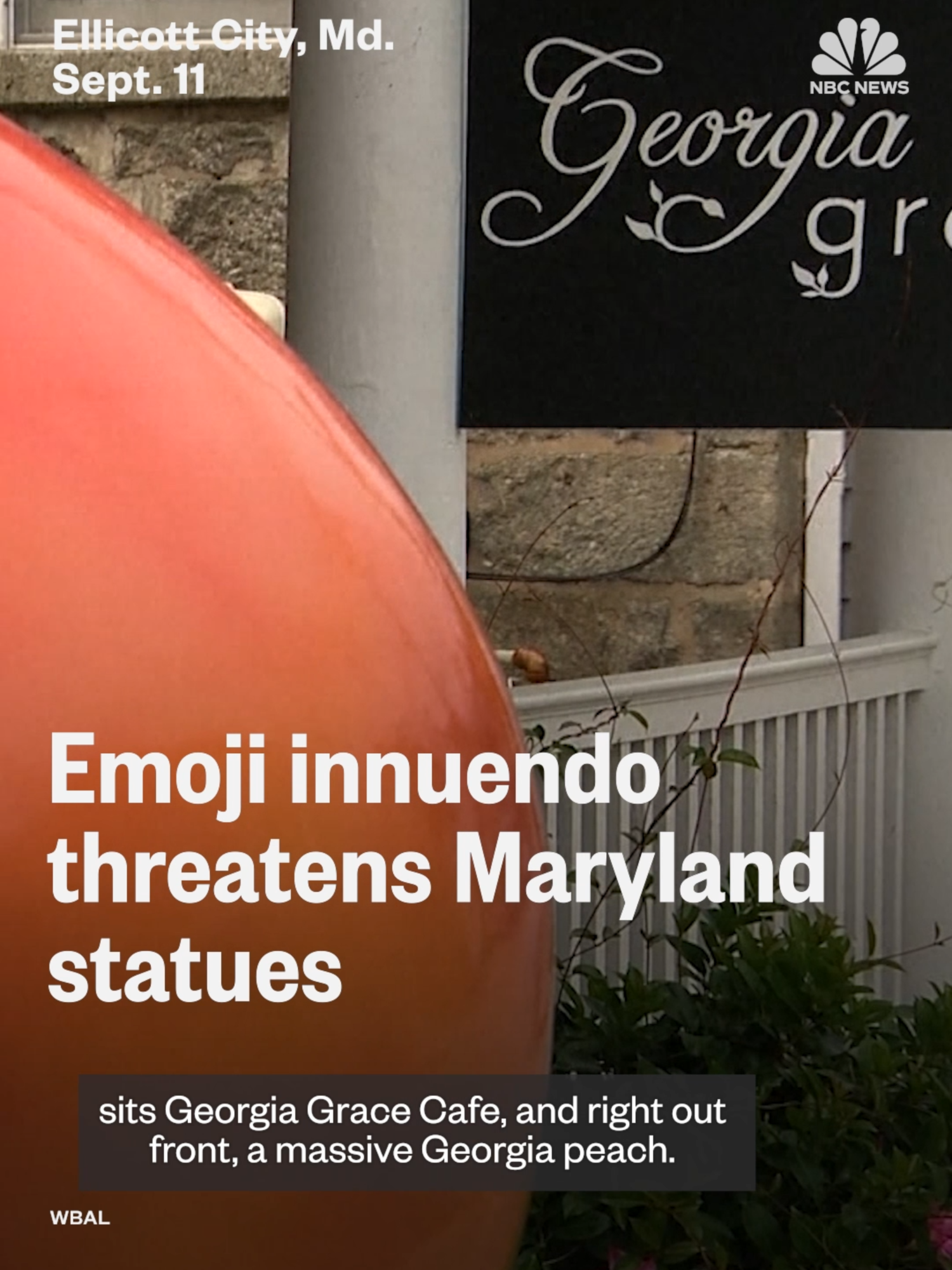 A massive Georgia #peach sits outside Georgia Grace Cafe in #Maryland, right across the street sits a statue of an #eggplant, known as the Aubergine. The owners of the businesses are being told the public art is too distracting for the historic area as the #emojis of both produce have been popularized as playful nods to body parts.