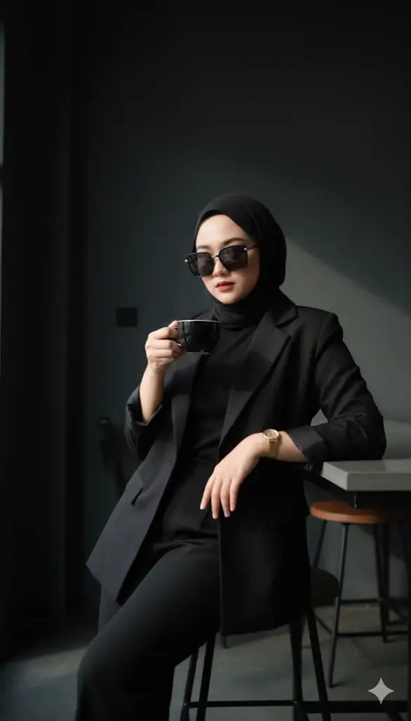 ngikut yg gek trend🤏🏻 1) buka google gemini ai 2) upload pilih foto kamu  3) ketik capp : “buatlah foto ini ala mafia dengan outfit serba hitam : blazer hitam, memakai kacamata hitam, celana panjang, berhijab, dan memegang secangkir kopi dengan gaya elegant dengan nuansa misterius”. 4) klik tombol send (tanda panah) #geminiai #mafia #justforfun #AI #jointrend 