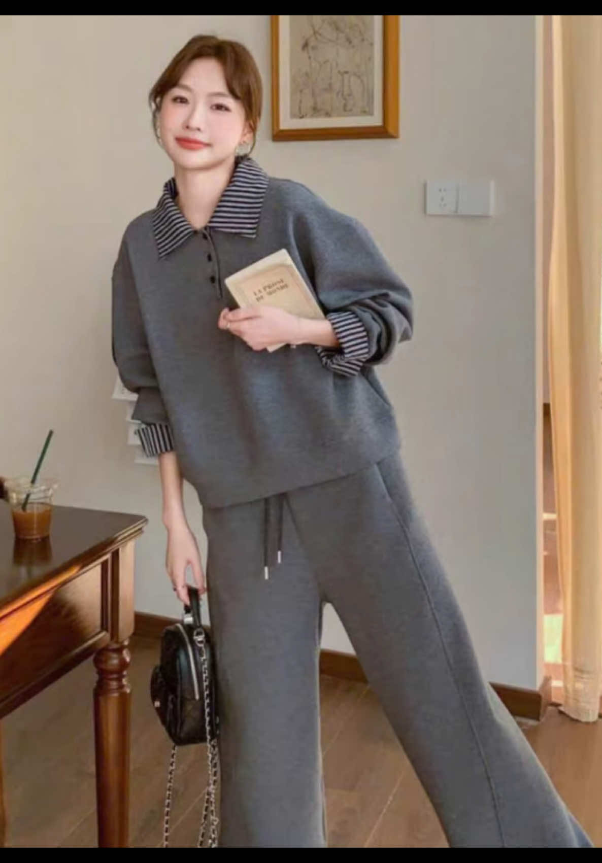 Đồ bộ nữ phong cách Hàn Quốc phối cổ sơ mi kẻ sọc thời trang 💕💕#thinhhanh #viral #uynuyn #outfit #setdonu 