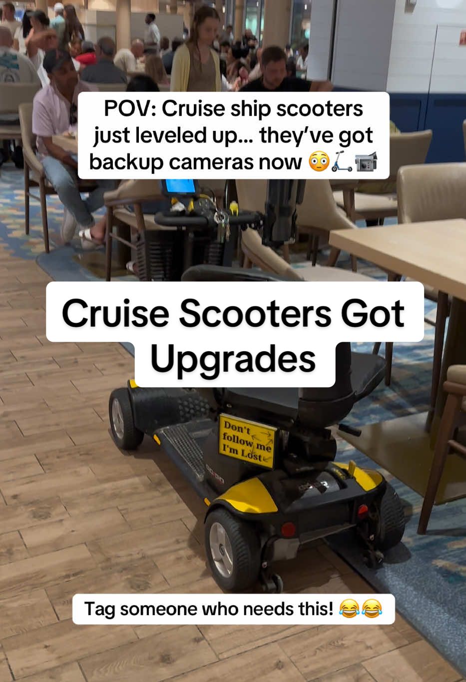 POV: Cruise ship scooters just leveled up… they’ve got backup cameras now 😳🛴📹 Next upgrade? Turn signals & autopilot to the buffet 😂 #CruiseLife #scooters #iconoftheseas #backupcamera #RoyalCaribbean