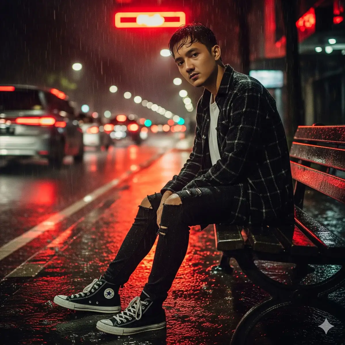 (Hyper-Detailed & Cinematic) #aigemini  promt : A highly cinematic and atmospheric urban fashion portrait photograph, featuring a hansome young Indonesia n man in his 20s, sitting casually yet reflectively on a dark, wet wooden park bench on a city sidewalk during a heavy downpour at night. Rain is visibly falling in fine droplets, creating small ripples in the puddles on the street and making the bench's surface glisten. The man is dressed in a slightly oversized black plaid flannel shirt, revealing a plain white crewneck t-shirt underneath. He is also wearing stylishly ripped black skinny jeans, torn at the knees, and a pair of converse classic black high-top sneakers with white laces. The fabric of his clothes appears slightly damp on the shoulders and knees, adding to the realism of the rainy scene. His neat black hair looks slightly damp. His expression is calm yet melancholic, his eyes looking directly into the camera with a deep, thoughtful gaze, as if lost in thought. The lighting is exceptionally dramatic and moody. Distant orange-yellow streetlights create long, vibrant reflections on the wet asphalt, forming a stunning 'wet road reflection' effect. In the background, the silhouettes of passing vehicles are visible, their red taillights blurred into long streaks from motion, all melting into a creamy, artistic bokeh. A bright red neon light from a building sign in the distance dominates the upper frame, reflecting off the raindrops and providing a striking color contrast to the warmth of the streetlights. The air feels humid and cool. Shot with a professional setup: A full-frame mirrorless camera like a Sony Alpha a7R IV or Canon EOS R5, paired with a fast prime lens (e.g., Sigma 85mm f/1.4 Art or Sony FE 50mm f/1.2 GM) to achieve an extremely shallow depth of field and luxurious bokeh. The focus is razor-sharp precisely on the subject's eyes. A subtle film grain and rich, cinematic color grading with contrasting cool and warm tones. High resolution, hyper-detailed, visible textures. --ar 3:4