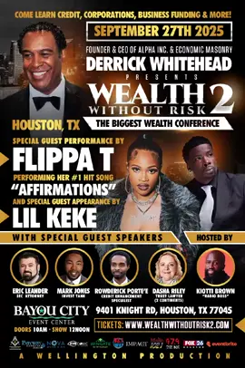 The AFFIRMATIONS WEALTH WITHOUT RISK 2 SEMINAR! Get your tickets below! 🎁 BONUS DEAL BUY 10 FULL TICKETS + BRING FRIENDS → GET A FREE AGED SHELF CORPORATION 🎟 Reserve your spot now: 👉 http://www.wealthwithoutrisk2.com/ 🔥 The #1 wealth event of the year — filmed live and hosted by a special surprise guest! 📅 Date: Sept 27, 2025 🕙 Time: 10:00 AM – Until 📍 Venue: Bayou City Event Center (Houston, TX) 🎥 Note: This event will be filmed 🎤 Featuring: Eric Leander — SEC Attorney Mark Jones — Invest Tank Rowderick Porte’e — Credit Expert Dasha Riley — International Trust Lawyer