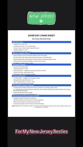 💙 NEW JERSEY FUTURE REALTORS 💙 This Exam Day Cram Sheet is your Garden State cheat code 🌟 📄 Consumer Information Statement (CIS) disclosure ⚖️ Attorney Review Clause (3-day review period) 🏡 Judicial Foreclosure rules 📕 NJREC CE requirements 🚫 LAD protections (Law Against Discrimination) Everything NJ loves to test, all packed into one page 📝✨ #creatorsearchinsights #newjerseyrealestate #njrealtor #realestateexam #realestateagent 
