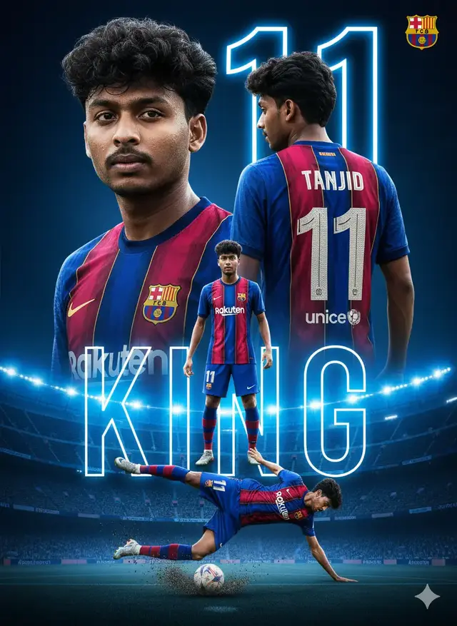 Create a cinematic professional football (soccer) poster featuring [reference image]. Keep the original face, hair, shape and angles exactly as they are in the picture. Show the person in three perspectives: a super close-up portrait in a Barcelona 2026 jersey, a side profile view wearing a Barcelona2026 soccer jersey in the last name TANJID, and a full-body shot in a full soccer kit (Argentina 2026 jersey, shorts, socks, and cleats) with the sponsor logo. At the bottom, place the dynamic action scene of the player performing a powerful bicycle high jump kick with a blur of movement and flying grass around it. The jersey should clearly display the number 10 on the front, back and shorts. Use the background of the glowing Blue Camp Nou stadium with the number 10 and the name KING shining behind the characters. The overall style should be ultra-realistic, high resolution, cinematic and professional sports poster vibe. Add the Argentina logo [see image] in the top right corner