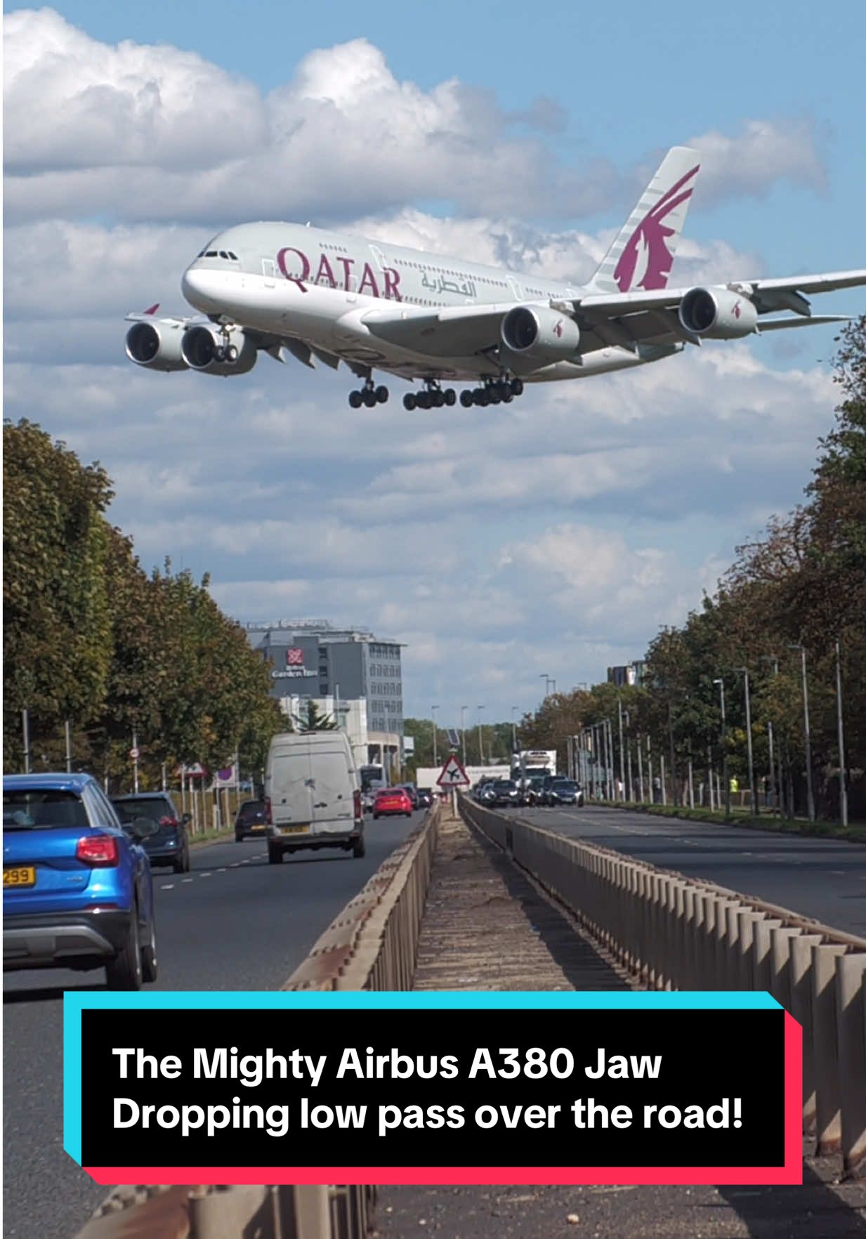 The Mighty Airbus A380 Jaw Dropping low pass over the road! 😱✈️ #qatarairways #airbus #aviation #airplane #fyp