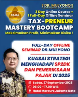 📌 KUASAI STRATEGI MENGHADAPI SP2DK DAN PEMERIKSAAN PAJAK DI 2025  Banyak pengusaha bingung atau was-was ketika menerima SP2DK atau Pemeriksaan Pajak dari Kantor Pajak. 📌 Apa itu Tax–Preneur Mastery Bootcamp? Pelatihan intensif (3 hari Online Course + 1 hari live Offline Seminar) untuk pebisnis & profesional. 📹 Dalam program Tax-Preneur Mastery Bootcamp, DR. Mulyono akan membahas secara tuntas: ✅ 30+ Studi Kasus nyata SP2DK & Pemeriksaan Pajak ✅ Metode yang sering digunakan pemeriksa pajak ✅ Cara menyusun tanggapan tertulis maupun verbal ✅ Alur & prosedur SP2DK serta pemeriksaan pajak ✅ Tips & trik agar bisnis Anda aman dari risiko perpajakan 🔥 Bonus & Benefit: ✨ Seminar Pajak 1 Hari Penuh (offline) ✨ Akses Unlimited 130+ Video Course (online) ✨ Merchandise Kit Eksklusif ✨ Tax Coaching Online dengan Tax Specialist 🗓 Sabtu, 27 September 2025 ⏱️ 09.00 – 17.00 WIB 📍 Hotel Mercure Jakarta Kota ⚠️ Promo Spesial Berakhir 15 September 2025! 💸 Hemat hingga Rp2.000.000 (diskon 40%) jika daftar sebelum 15 September. 👉🏻 Amankan seat sekarang: 🌐 https://taxpreneurmastery.id/ 📲 Chat Admin: 0882-9501-0852 #taxpreneurmasterybootcamp #seminarpajak #edukasipajak #pajak #drmulyonoid 
