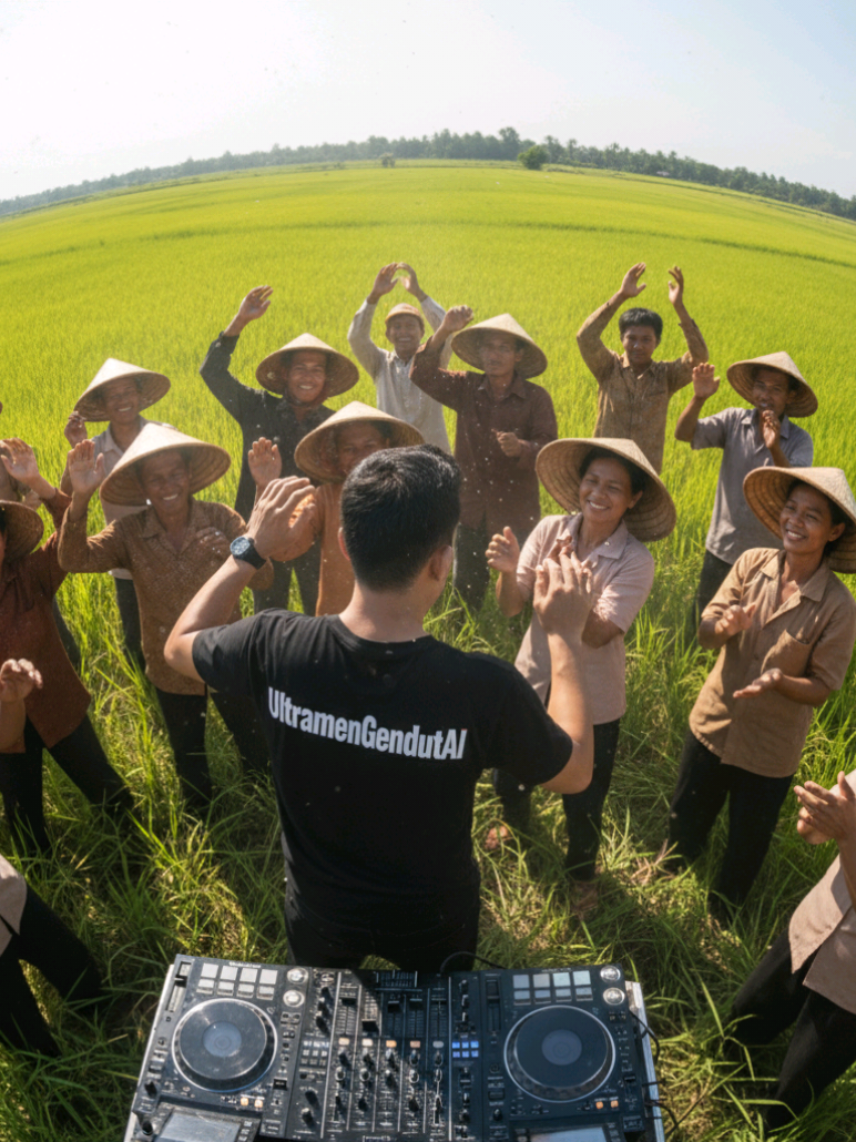 Siang di tengah sawah, dentuman beat bertemu semilir angin. Petani pun ikut berjoget—EDM rasa desa! 🌾🎶” #EDMDesa #SawahRave #PetaniParty #DaytimeEDM #RuralFestival     