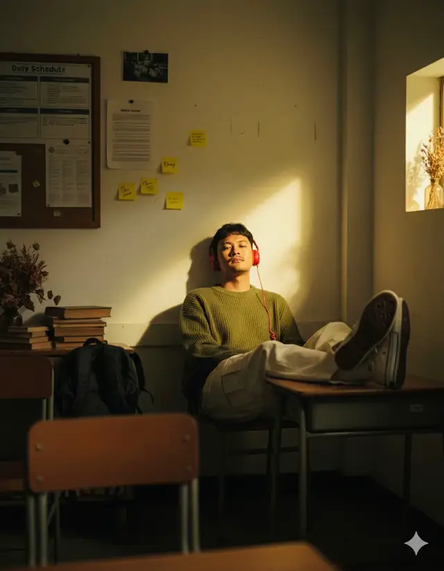 CARA BUAT FOTO AI ESTETIK 1. Buka google 2. ⁠Ketik Gemini Ai 3. ⁠Pilih foto 2 foto yang akan kalian jadikan miniatur 4. ⁠ A cinematic portrait with a somber feel features a young Asian man in a dimly lit, vintage classroom. The camera is shot from a distance, with a small section of the chair's back visible in front, as if the photographer was taking the portrait discreetly or in a quiet moment. Soft, golden-yellow lighting reflects from a small window or gap in the right wall, forming diagonal lines of light that fall directly on the man's face, creating a dramatic and emotional contrast. The man sits alone in a chair, his feet resting on the desk, with a relaxed and cool expression, as if lost in thought. He has messy, yet natural Korean-style comma-style hair. He wears an oversized army green sweater, cream-colored cargo pants, Converse sneakers, and red headphones. He has a bag hanging from the chair, but it blends harmoniously with the warm light surrounding him. Behind him is an off-white wall with sticky notes labeled 